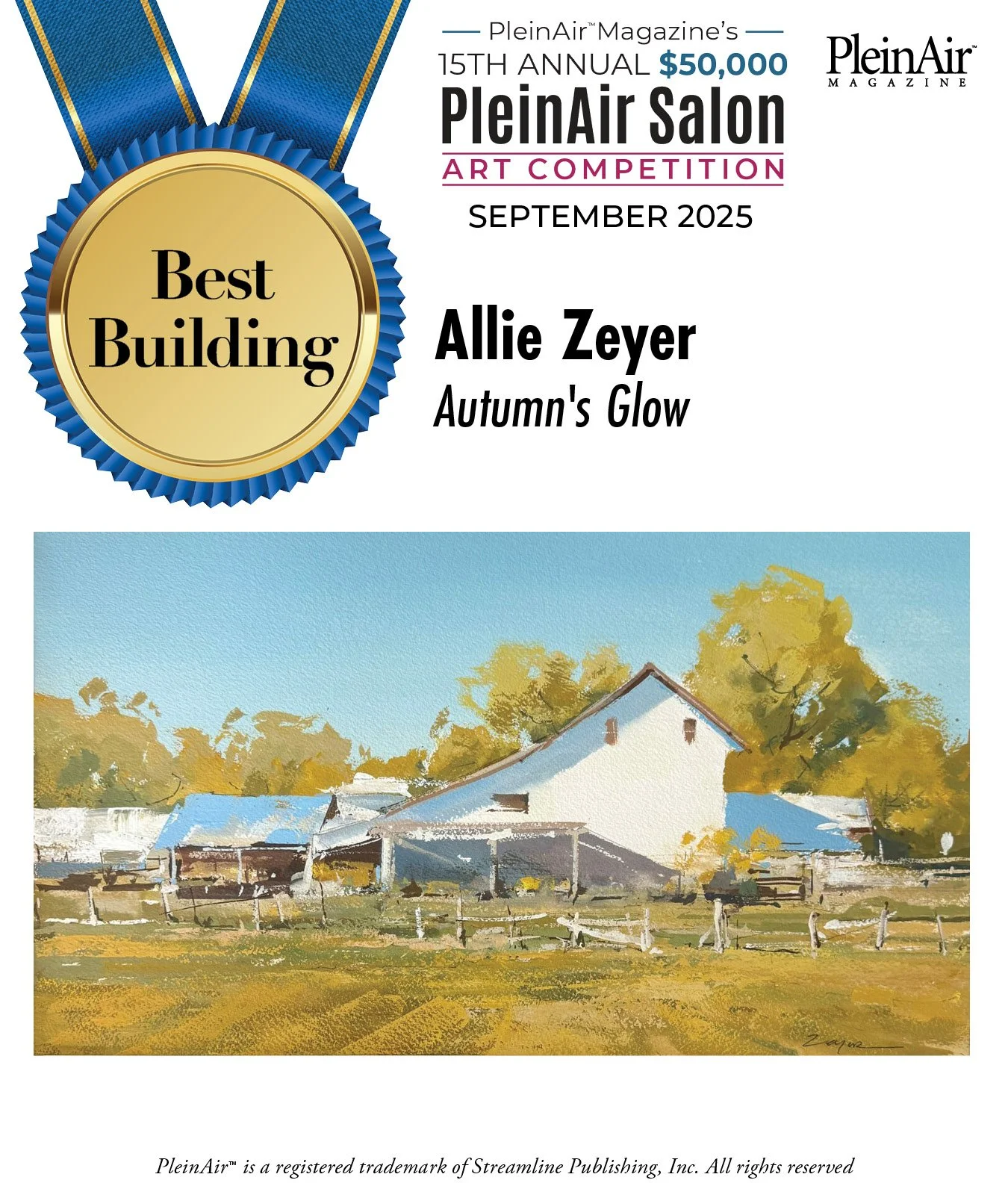 "Autumn's Glow" by Allie Zeyer | Best Building Award | September 2025 PleinAir Salon Art Competition
