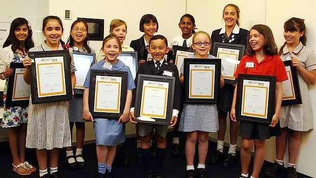 Prize-winning pen pals … the Sydney Morning Herald Youngest Writers gold award winners.&nbsp; Photo: Peter Rae