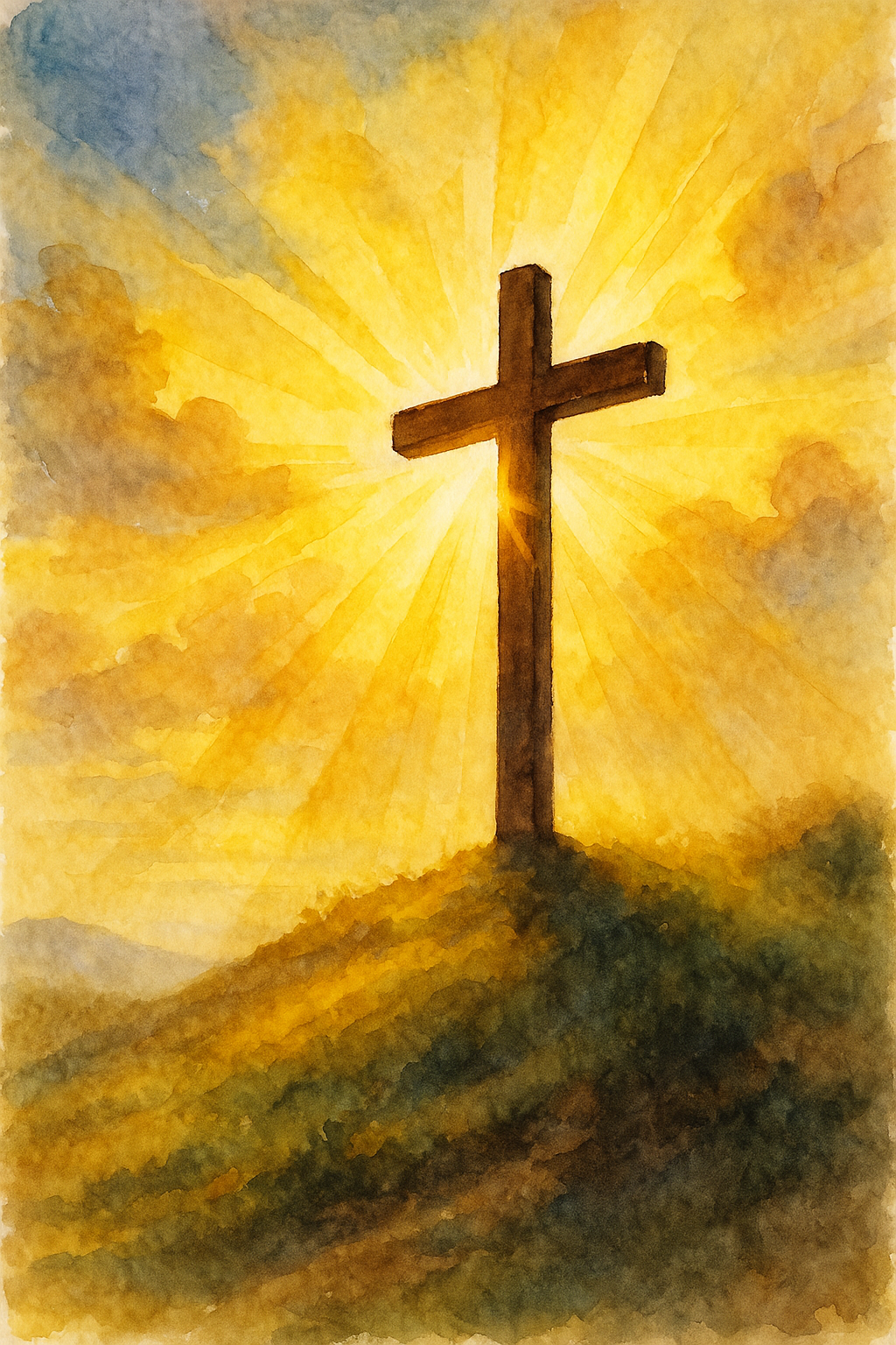 Cross on a hill bathed in golden light representing hope, redemption, and the victory of Christ.
