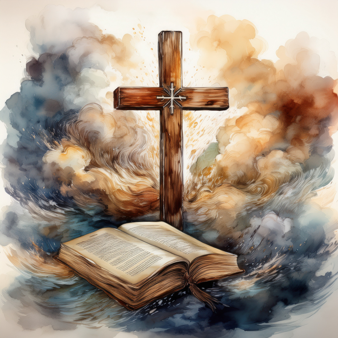 Cross rising above an open Bible surrounded by clouds representing salvation, truth, and the foundation of faith in Christ.