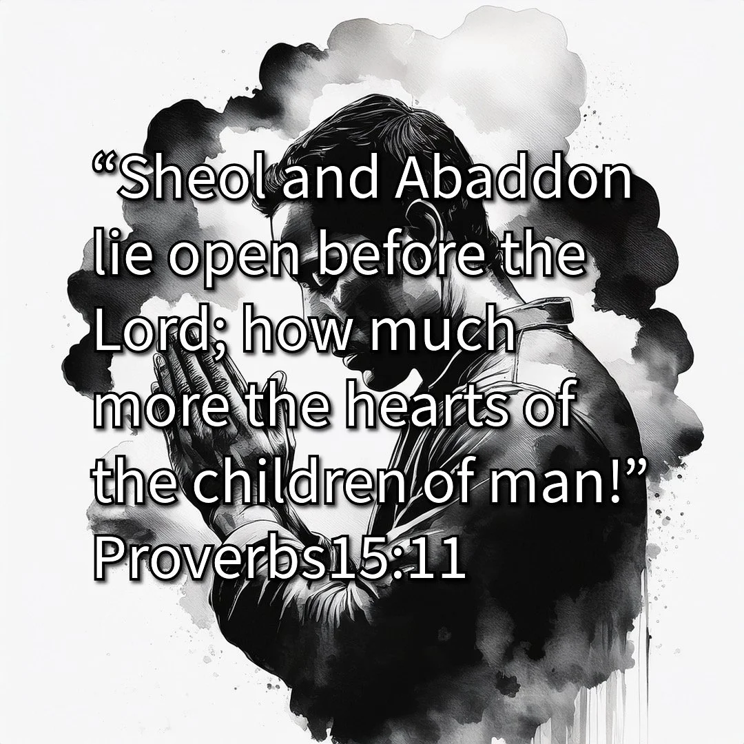 Silhouette of a man in profile praying against a cloudy backdrop, representing God’s awareness of the human heart and unseen thoughts, inspired by Proverbs 15:11.