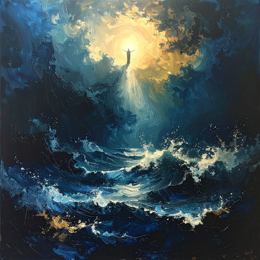 Turbulent ocean with light breaking through representing God’s presence and guidance in the midst of chaos.