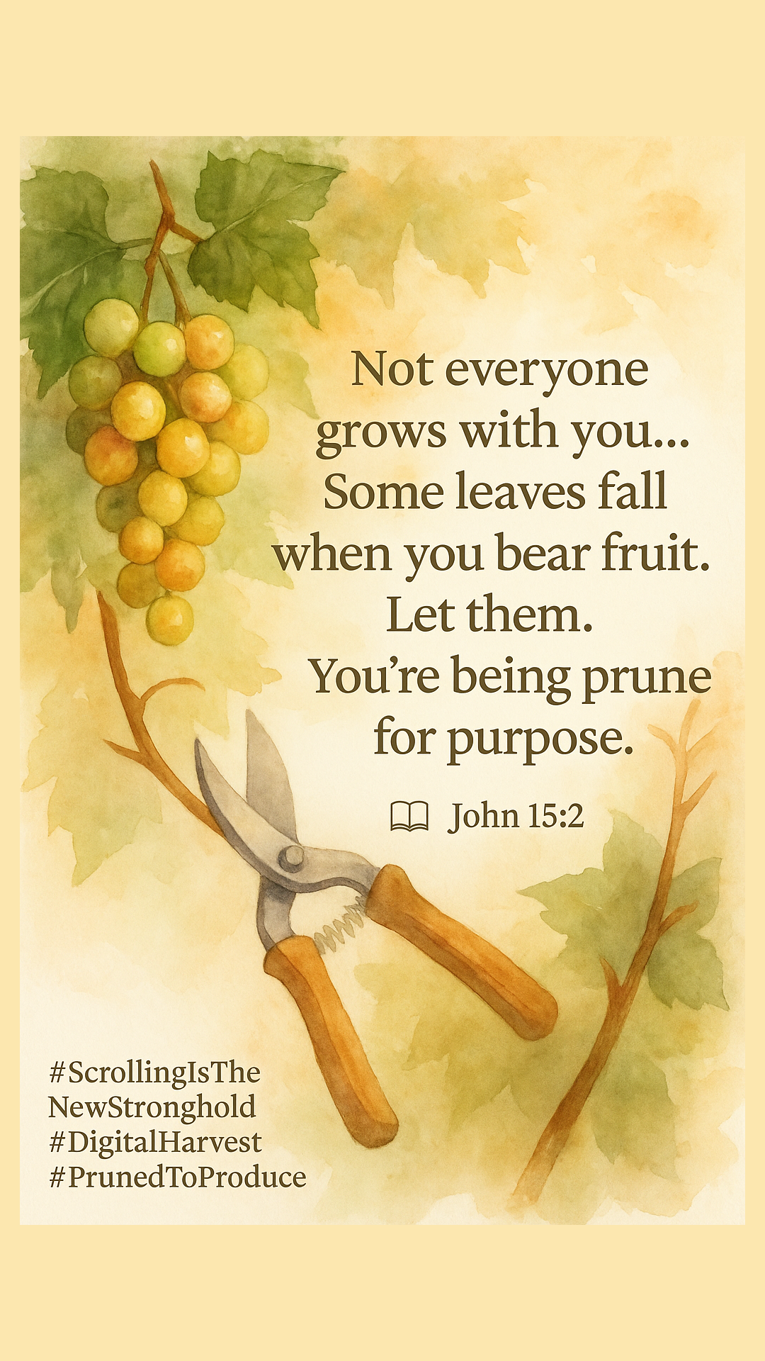 Illustration of grapes being pruned representing spiritual growth, refinement, and purposeful pruning in Christ, inspired by John 15:2