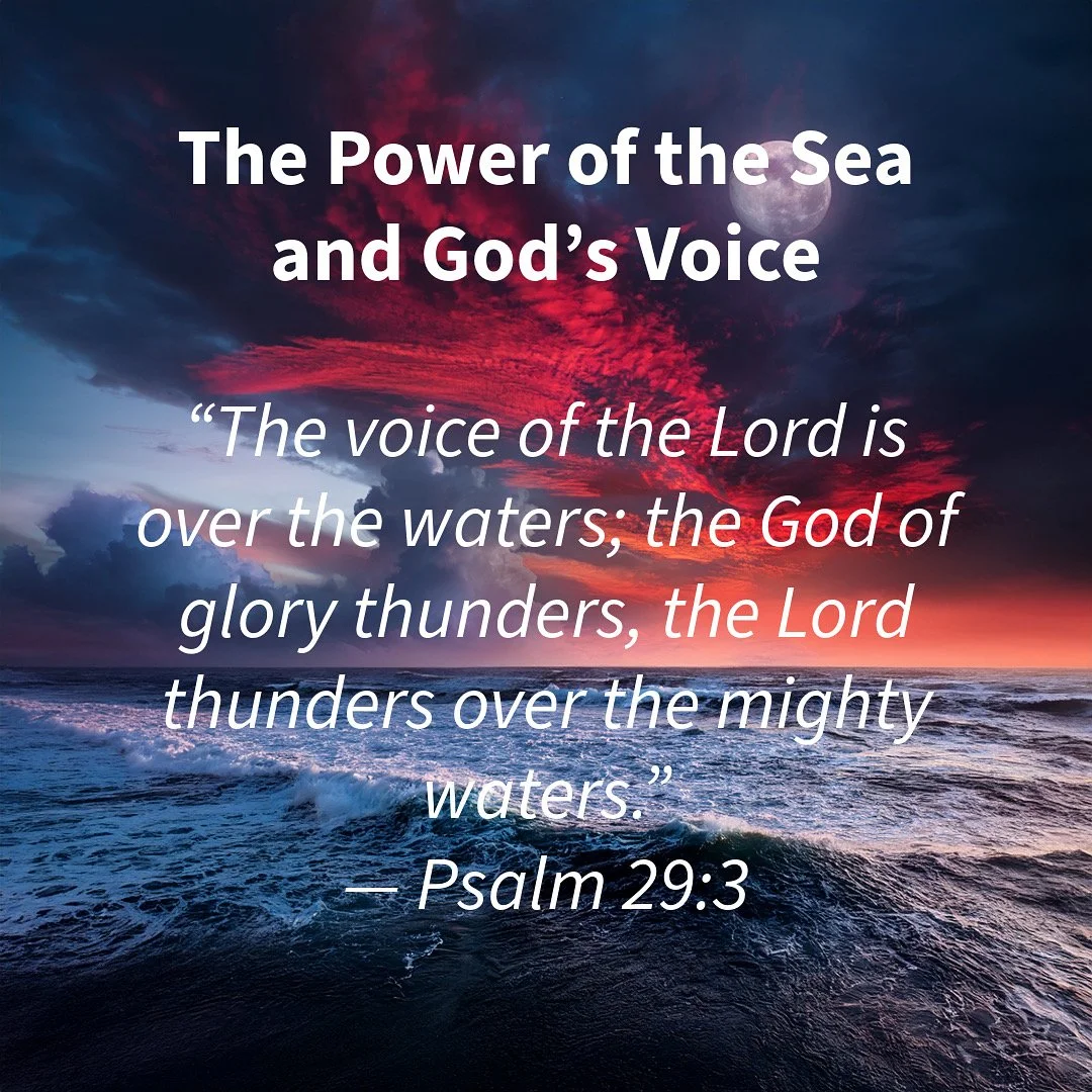 Ocean waves under a dramatic sky representing the power and authority of God’s voice over creation, inspired by Psalm 29:3