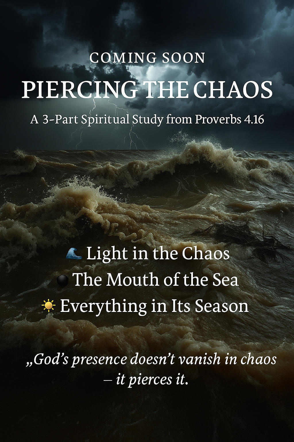 Turbulent ocean waves representing chaos, spiritual struggle, and the search for light and understanding.