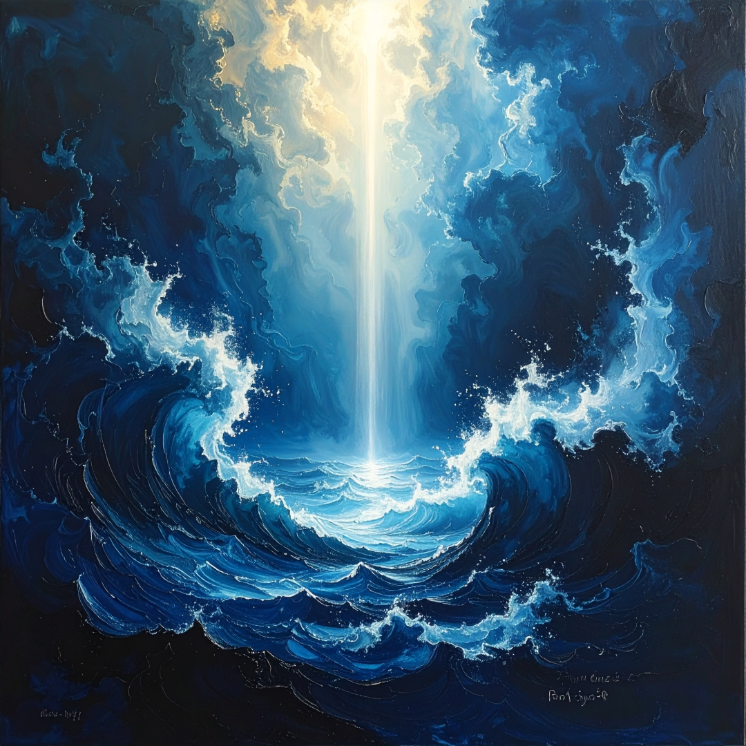 Powerful ocean waves parting with light shining through representing divine intervention and God’s guiding presence.