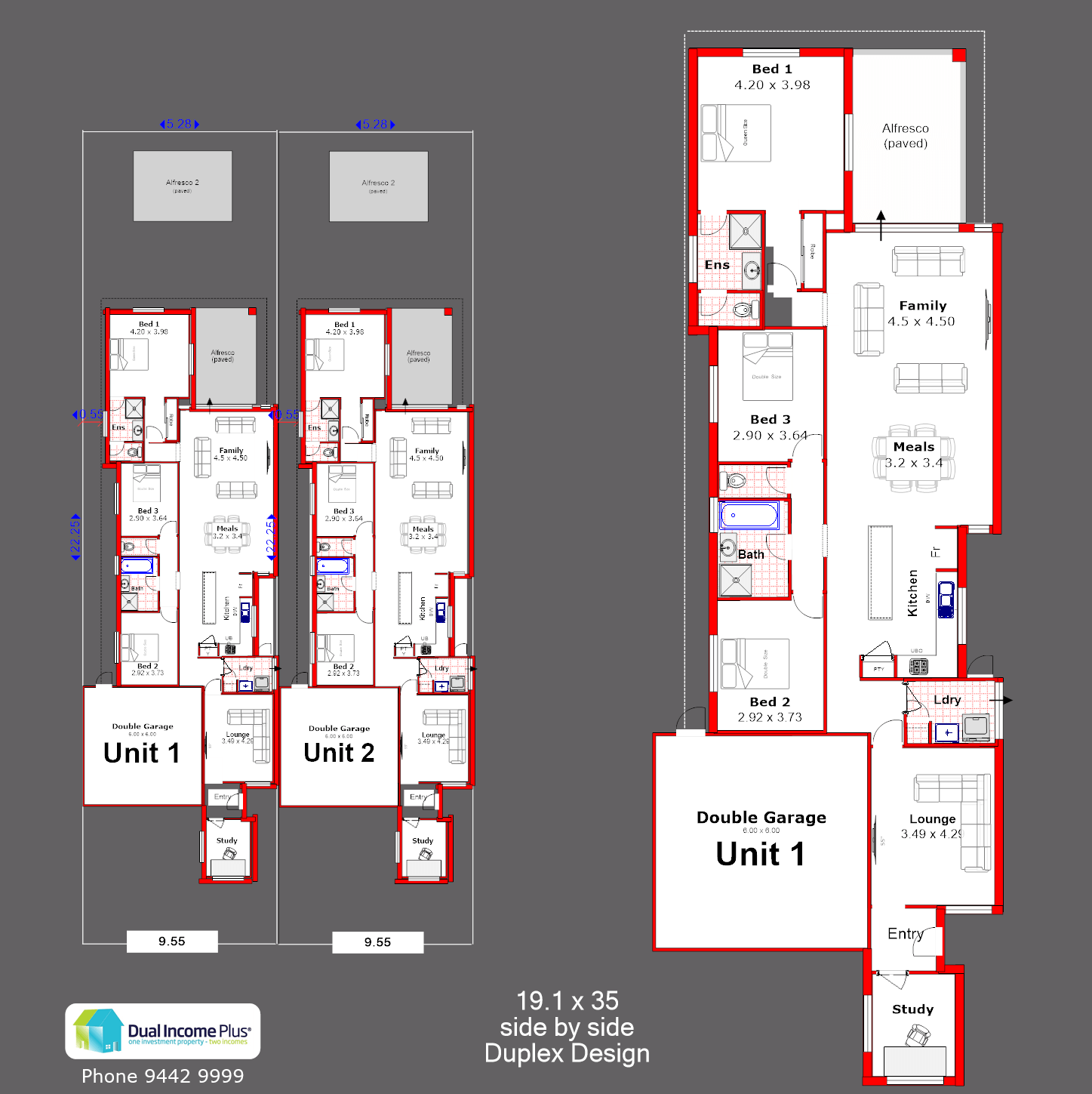 19 x 35 Side by Side Duplex design Lot 1