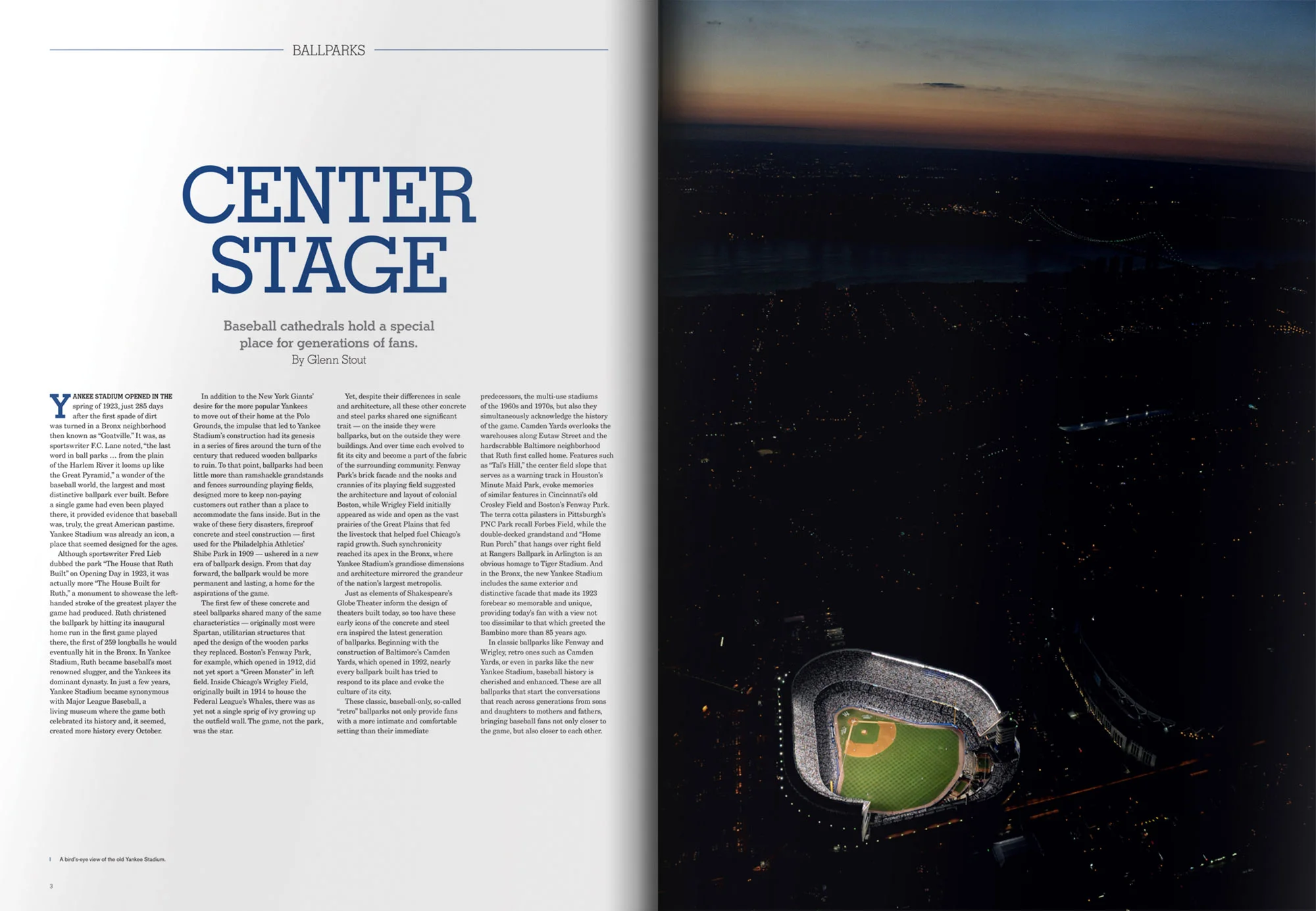 Aerial photo of a ballpark at night