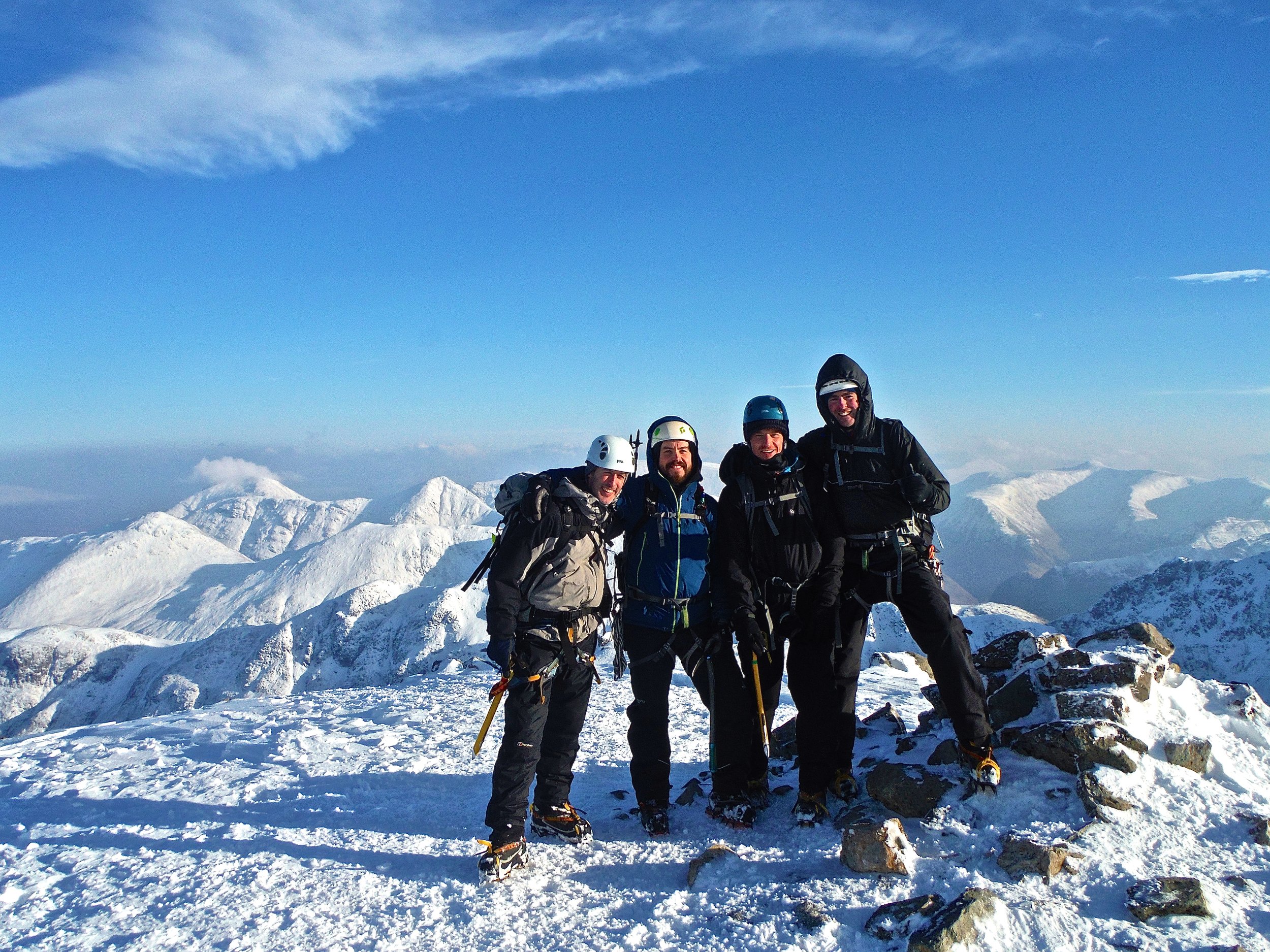 Stob Coire Nan Lochan, 1115m. After climbing up via Dorsal Arete. Smiles all around on what was a beautiful day
