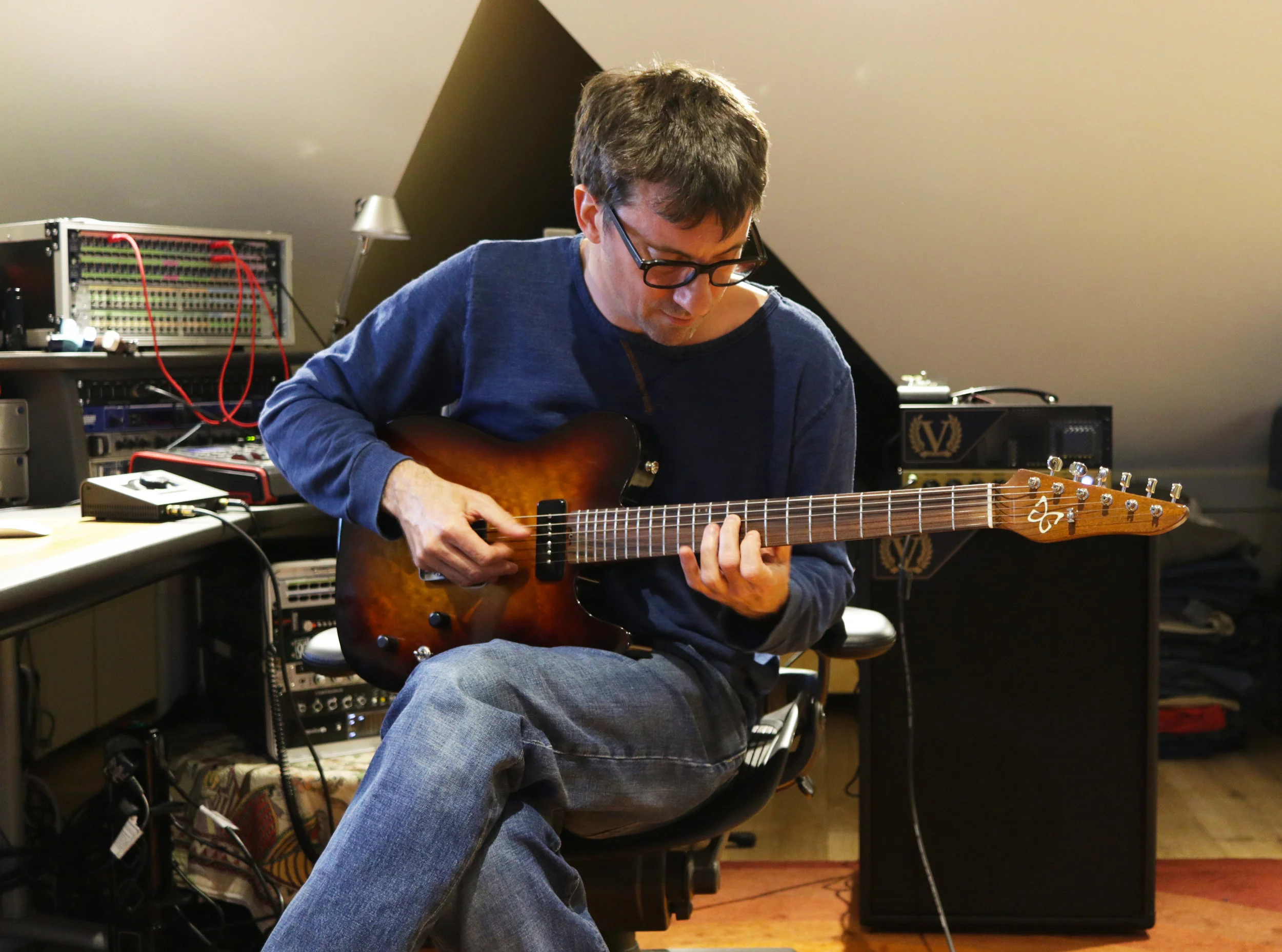 Graham in his home studio getting some amazing tones with his Grayling model featuring Bare Knuckle Nantucket P90s and a Mastery bridge