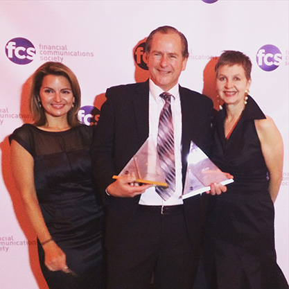 Ross Ellis of SEI and Melissa Scauri and Claire Taylor of Carpenter Group accept two awards at the FCS Portfolio Awards Gala in NYC.