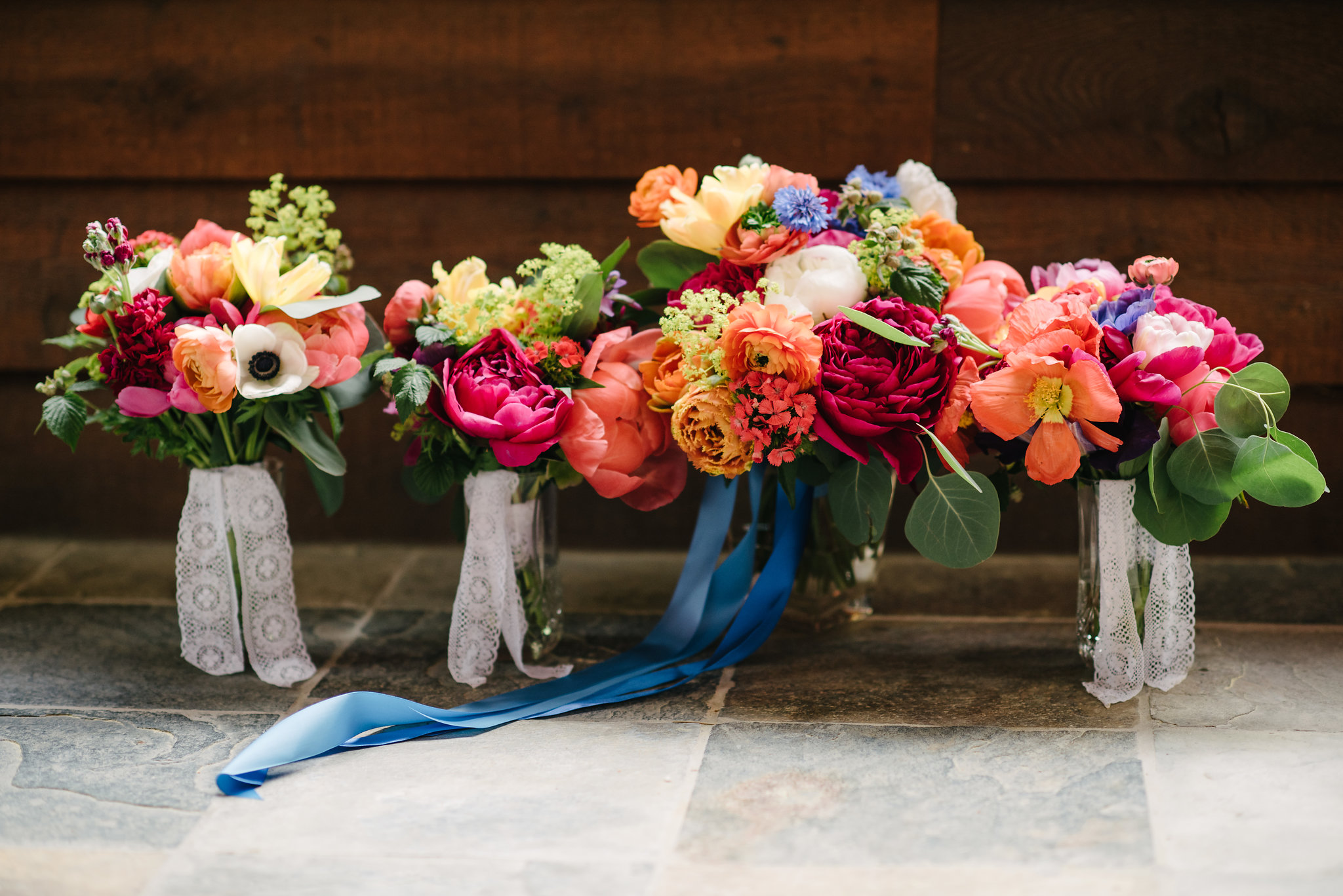 Brightly colored bouquets of farm flowers