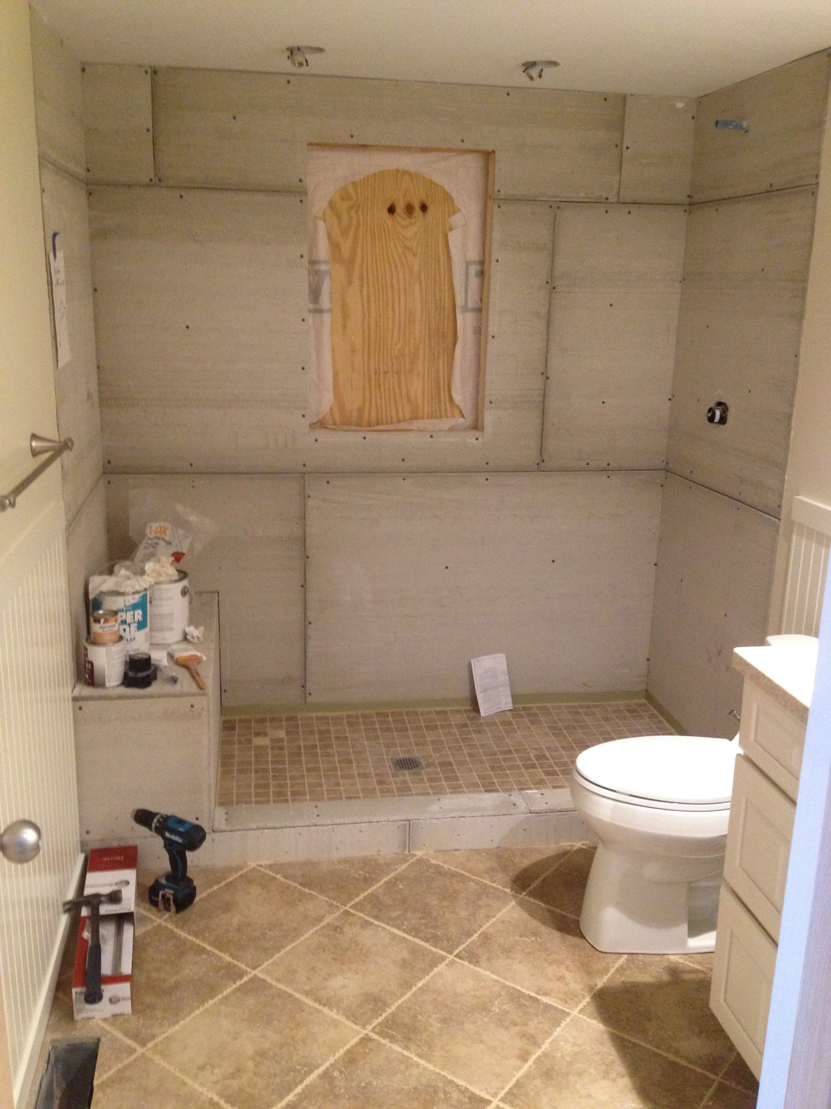  Custom Corian Shower Wall Surround, Shower Seat, and Thresholds - Before 