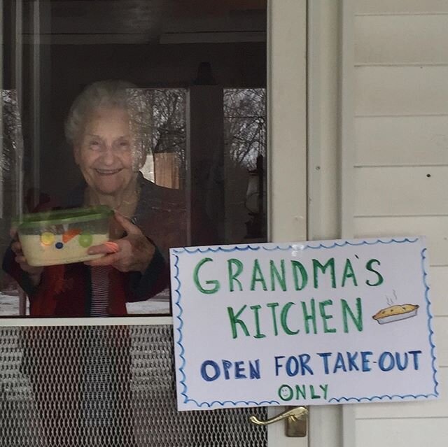 Keeping my 87 year old mother safe and sound inside. But that does not stop her from making treats for her grandkids. She leaves pie, cakes and cookies on a chair outside the kitchen door. The usual payment of hugs and kisses from the kids will have 