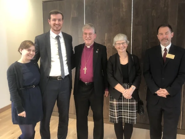 Dr. Mia G. Laufer, Dr. Samuel J. Kessler, Reverend Åke Bonnier, Ms. Kristina Bonnier, and Dr. Casey Elledge at the Bonnier Chair Inauguration, Gustavus Adolphus College, October 2019.