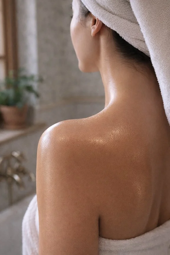 Woman after shower with smooth glowing skin on shoulder and back, water droplets visible, demonstrating hydrated radiant skin after using natural body oil for dry skin