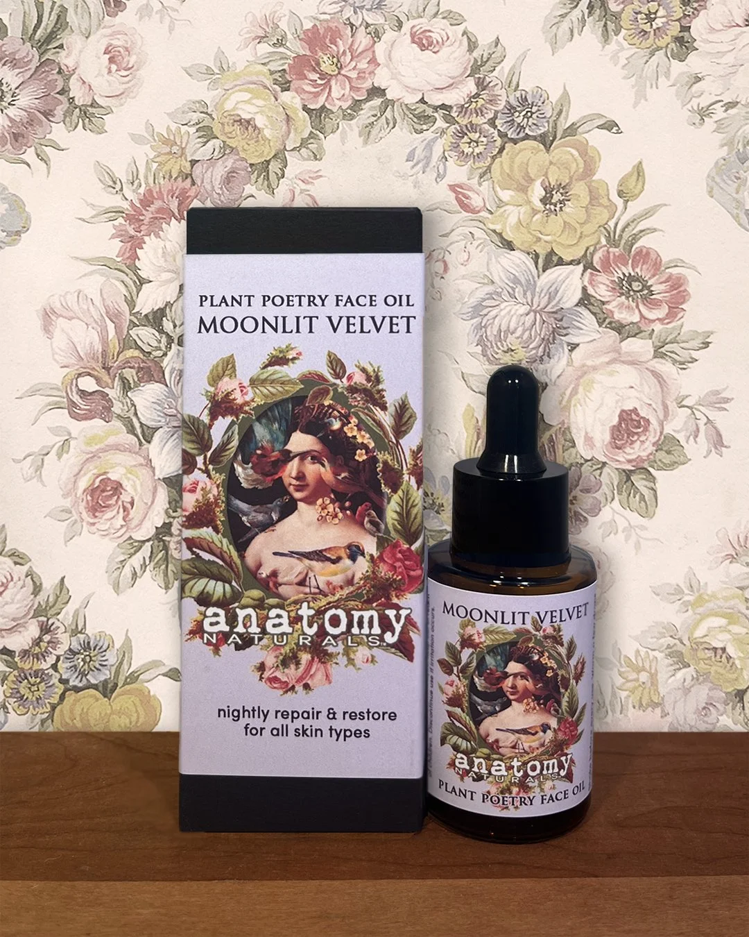 Moonlit Velvet face oil bottle with box overnight face oil for all skin types restoring softness and hydration