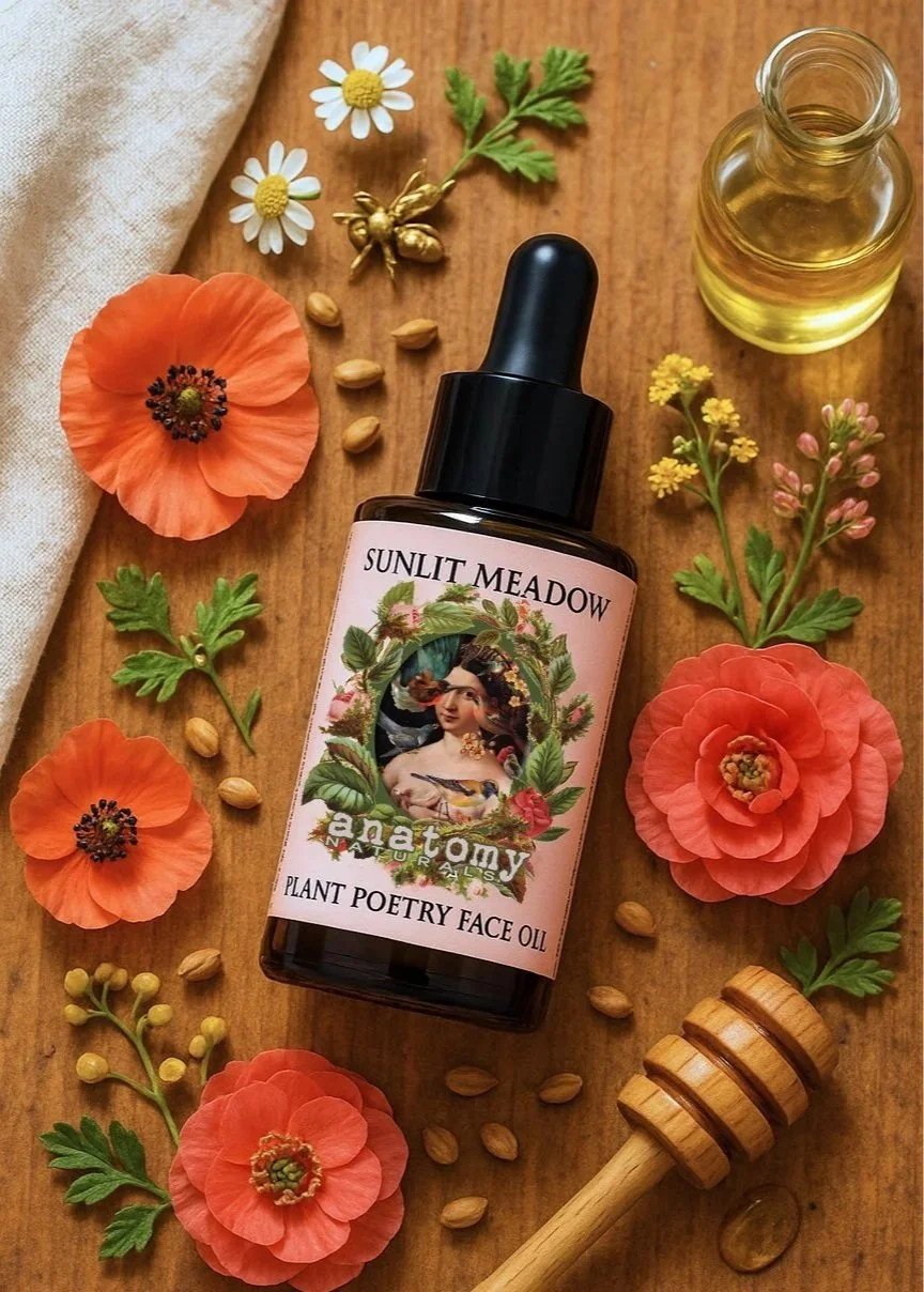 Anatomy Naturals Sunlit Meadow Botanical Face Oil for daily skin balance, featuring a flat lay with sacha inchi and sea buckthorn. A lightweight anhydrous formulation developed to enhance radiance and maintain a healthy stratum corneum.