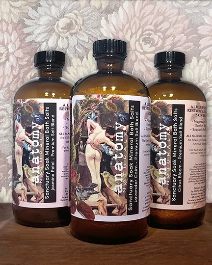 Sanctuary Soak bath salts in glass bottles with mineral salts – natural skincare for sore muscles