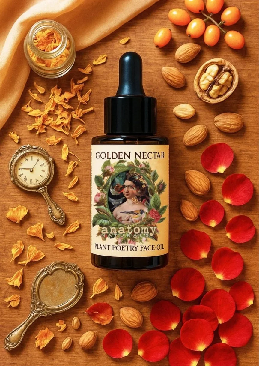 golden nectar face oil from anatomy naturals for dry, mature skin shown with botanicals