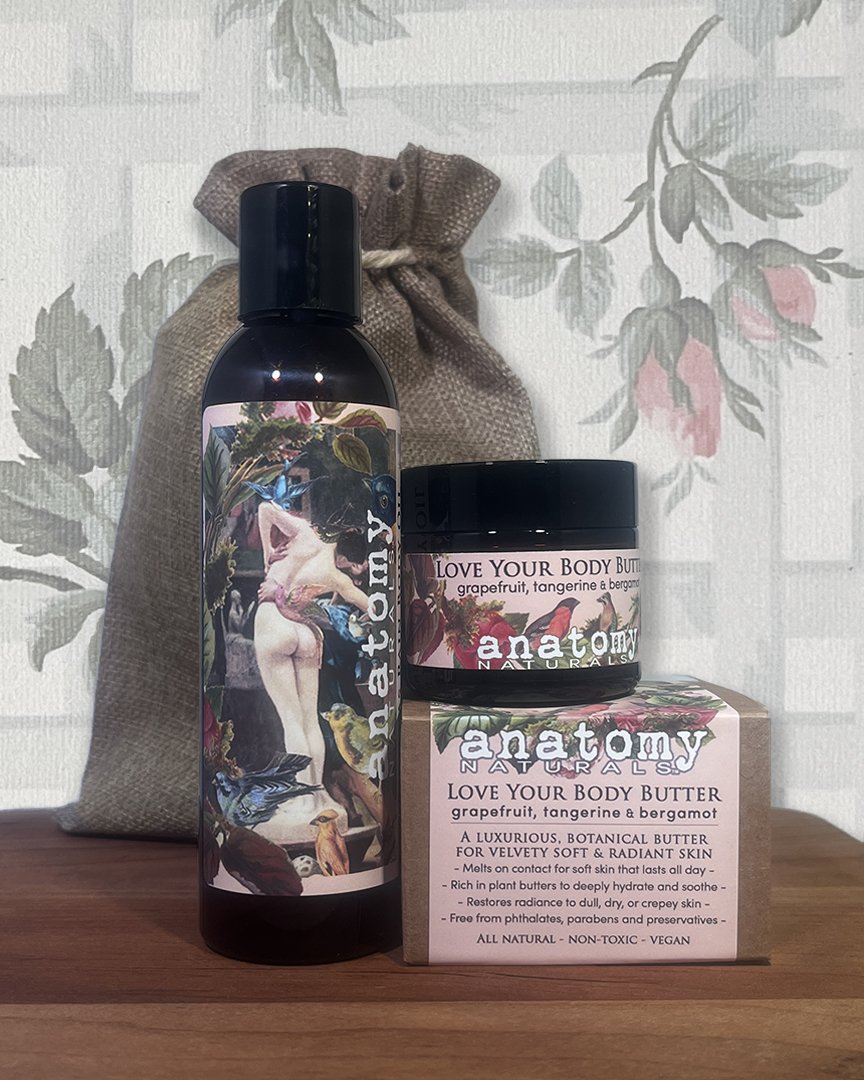 Uplifting Citrus body oil and body butter gift set with linen bag, 6 oz after shower oil and 1 oz body butter with box