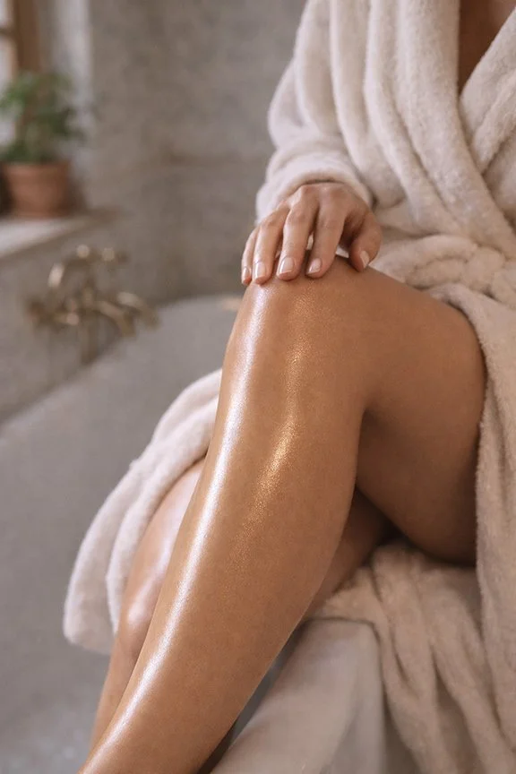 Golden glowing skin on woman’s leg after applying moisturizing body serum, smooth hydrated skin with natural shine in soft bathroom setting wearing robe