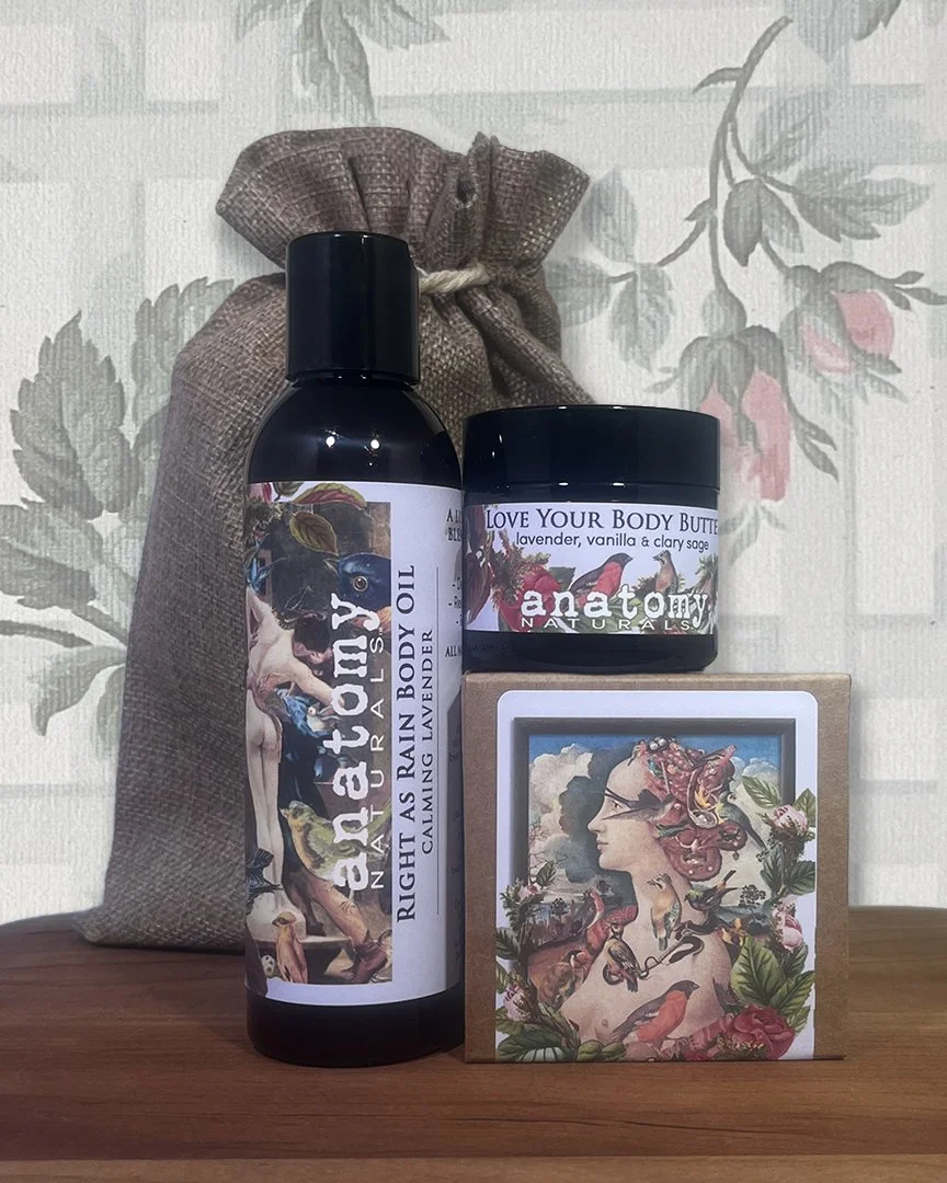 Calming Lavender body oil and body butter gift set with linen bag, 6 oz after shower oil and 1 oz body butter with box