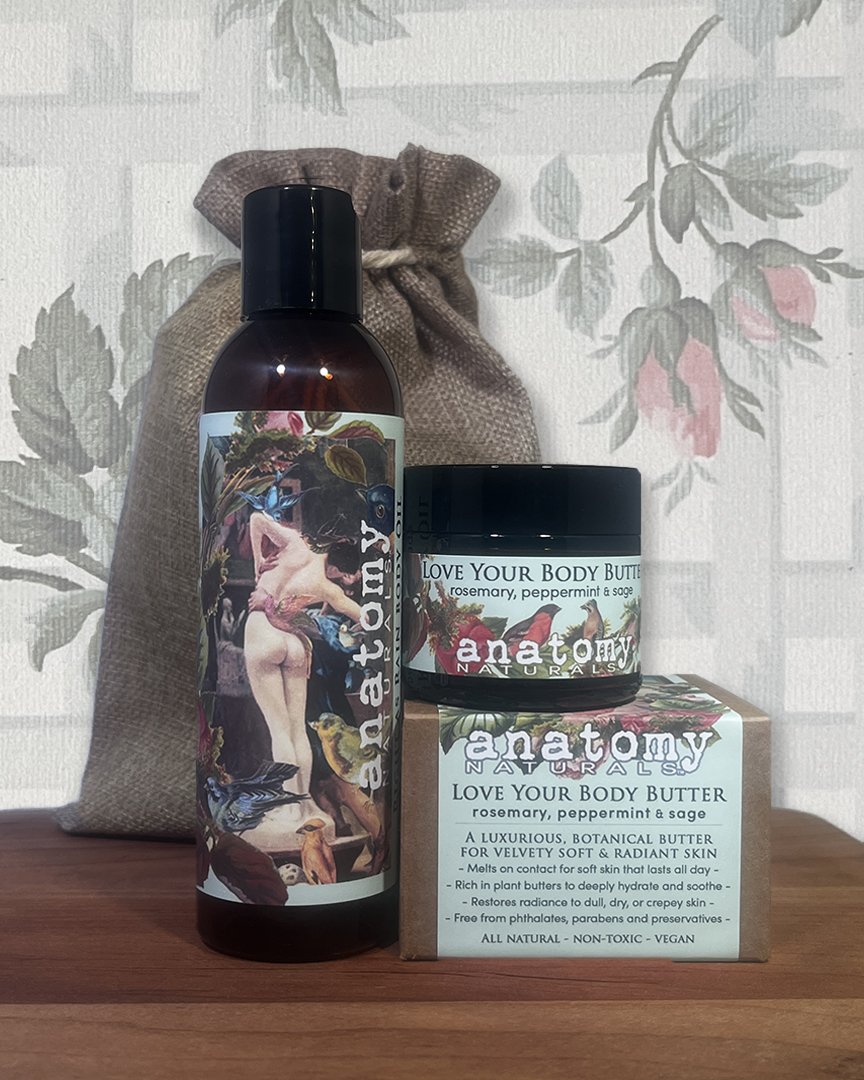 Clarifying Rosemary body oil and body butter gift set with linen bag, 6 oz after shower oil and 1 oz body butter with box