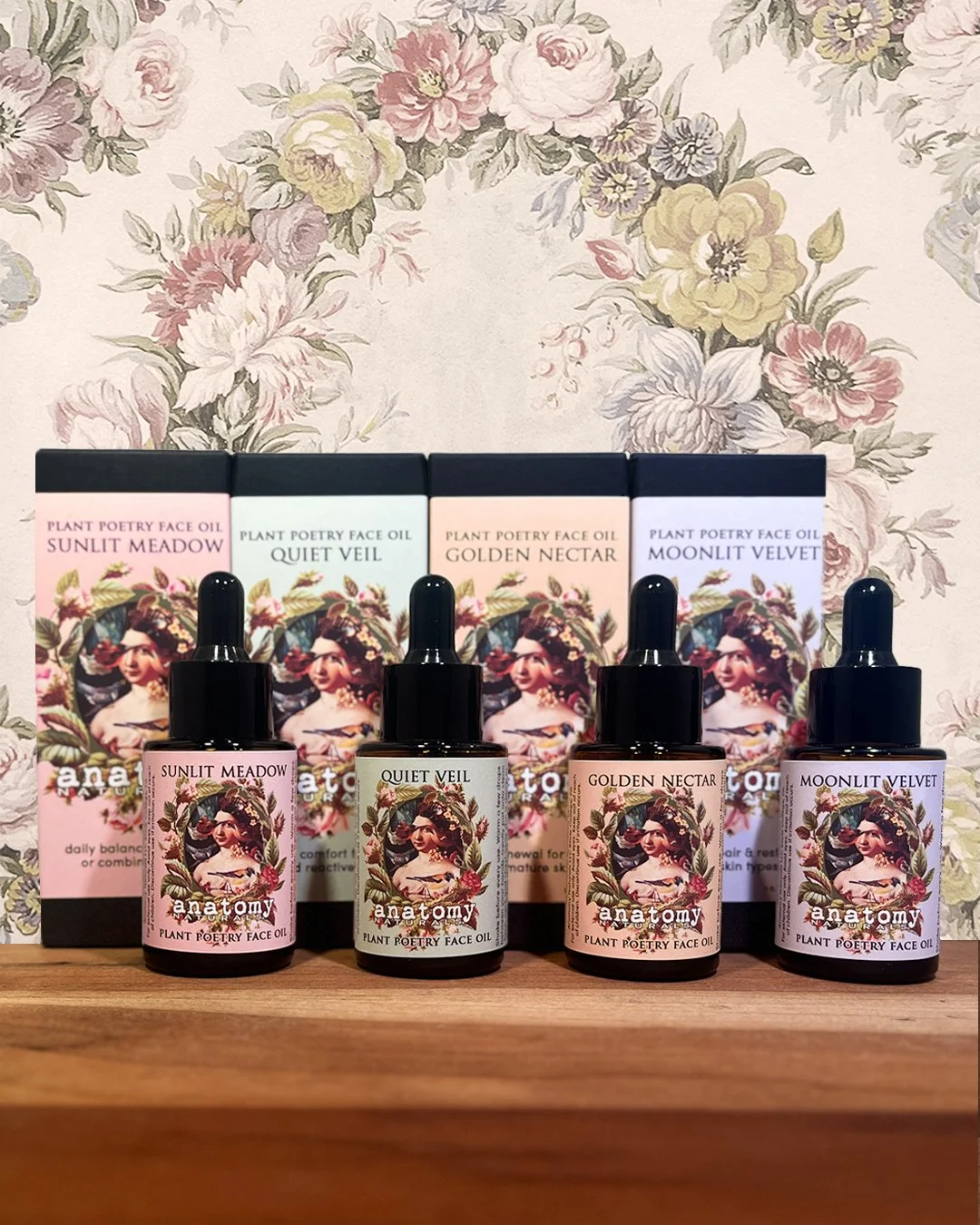 Plant Poetry face oil collection including Sunlit Meadow face oil for combination skin lineup on wooden surface
