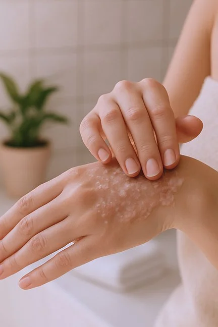 Exfoliating salt scrub on a hand showing texture
