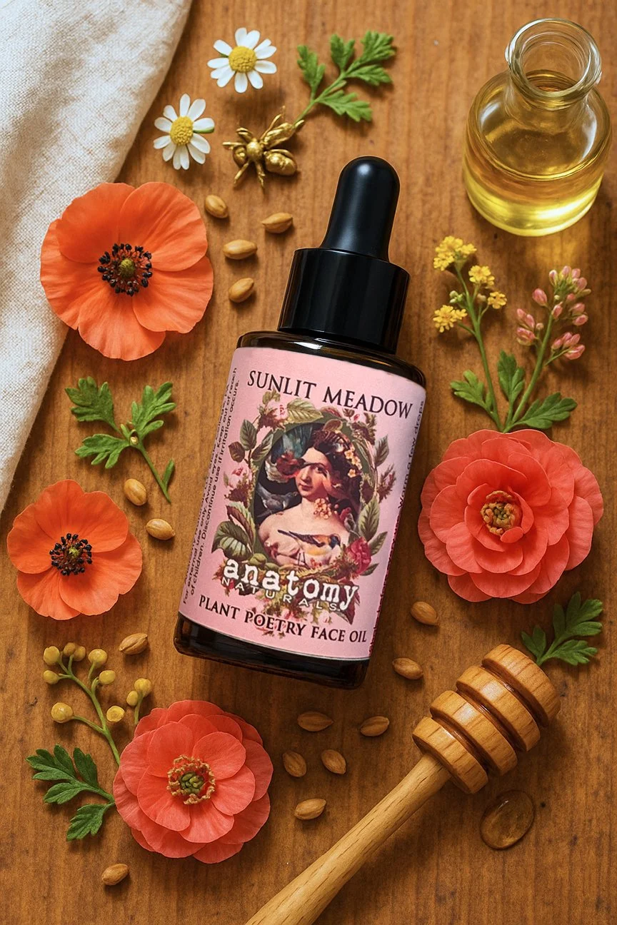 Sunlit Meadow botanical face oil for combination skin with flowers and botanicals in warm flat lay