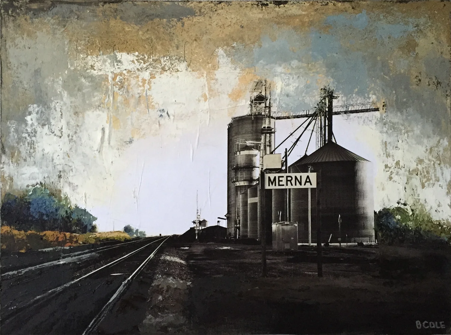 SOLD. Our Town Merna - 18 x 24 - Oil/Cold Wax/Photo
