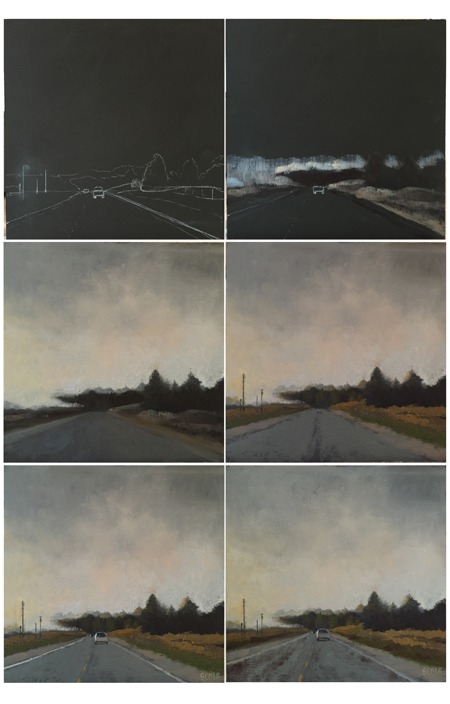 Progress shots of "Foggy Morning on Highway 2" © Beth Cole, oil on wood panel, 12 x 12