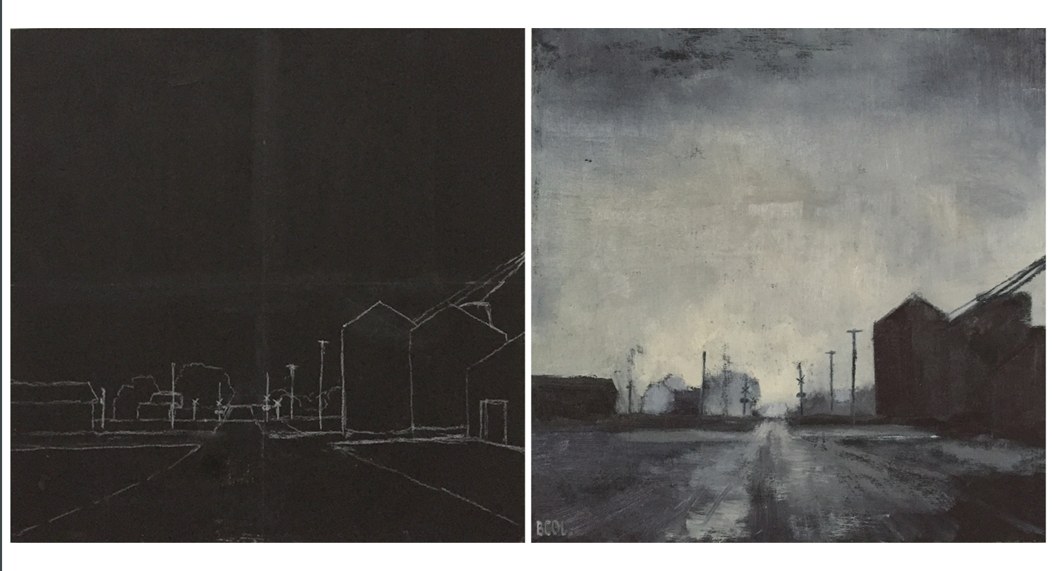 Progress shots of "Fog on Main Street" © Beth Cole, oil on wood panel, 12 x 12