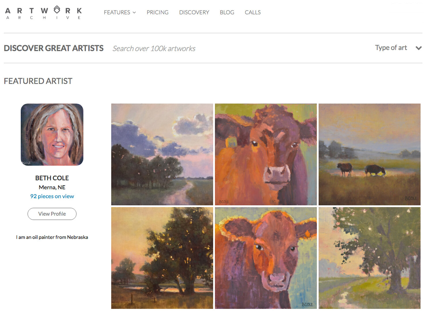 Featured Artist on Artwork Archive. Clockwise from top left: Eventide (SOLD), Moo (SOLD), Liquid Gold, The Waterway, Moo, Too (SOLD), Rooted (SOLD). © Beth Cole