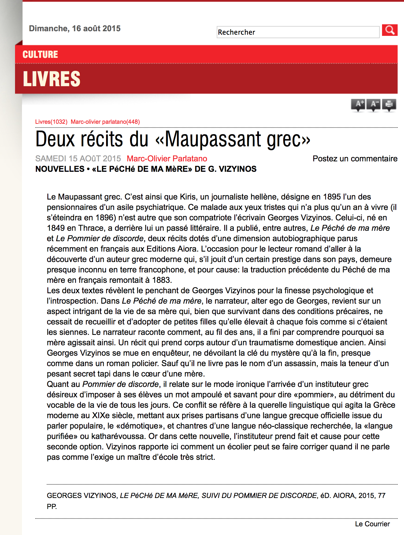 LE COURRIER / DIMANCHE 16 AOÛT 2015 - par Marc-Olivier Parlatano