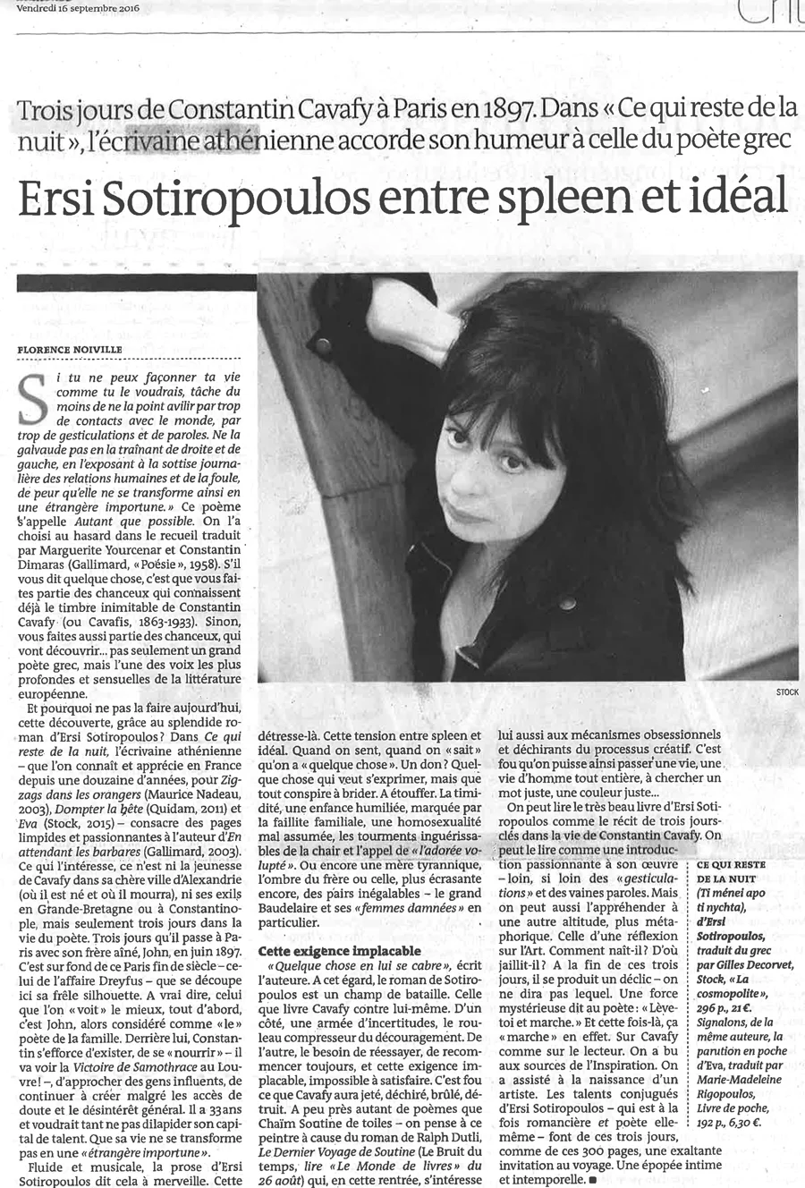 LE MONDE / VENDREDI 16 SEPTEMBRE 2016 - par Florence Noiville