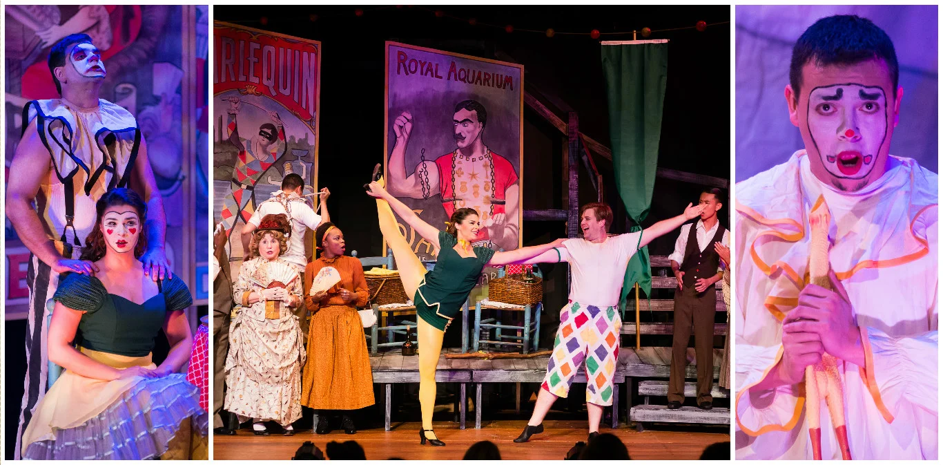 Left: James Chamberlain as Canio and Donata Cucinotta as Nedda. Middle: Donata Cucinotta as Nedda, Dashiell Waterbury as Beppe, and the Oh! Chorus in the background. Right: James Rodriguez as Tonio. 