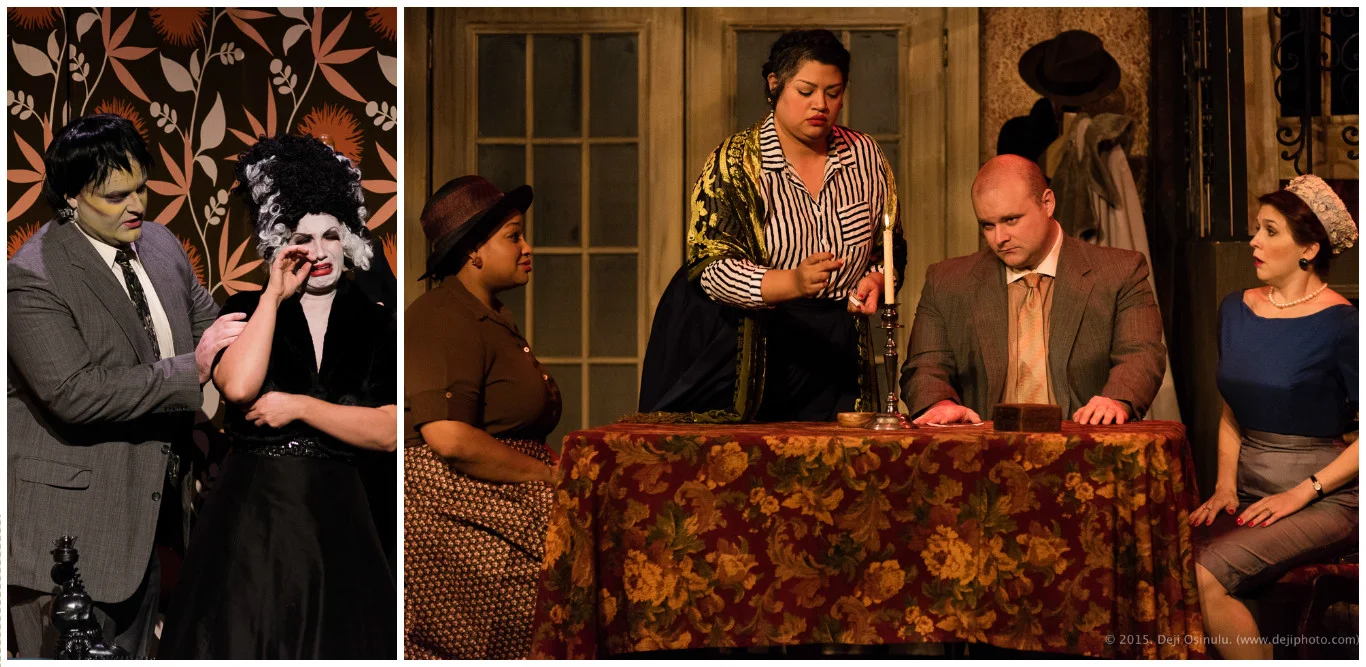 Left: Julia Engel as Lucy, Thomas Richards as Ben The Telephone . Right: Gwen Alfred as Mrs. Gobineau, Claudia Chapa as Baba, Thomas Richards as Mr. Gobineau, Monica Isomura as Mrs. Nolan The Medium. 