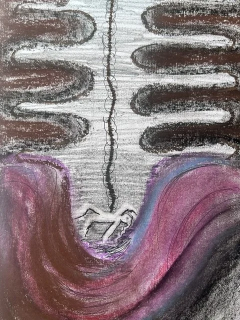Abstract colored-pencil drawing of a zipper-like black line between dark red and purple shapes