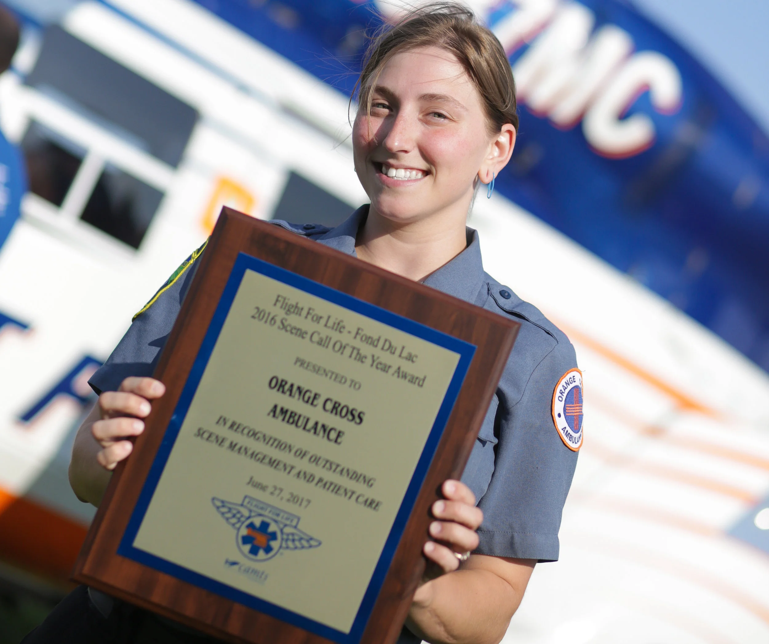 OCA Paramedic Taylor Green accepting the 2016 Fond Du Lac Base Flight for Life Scene Call of the Year Award for her demonstration of excellent care during a large motor vehicle accident.