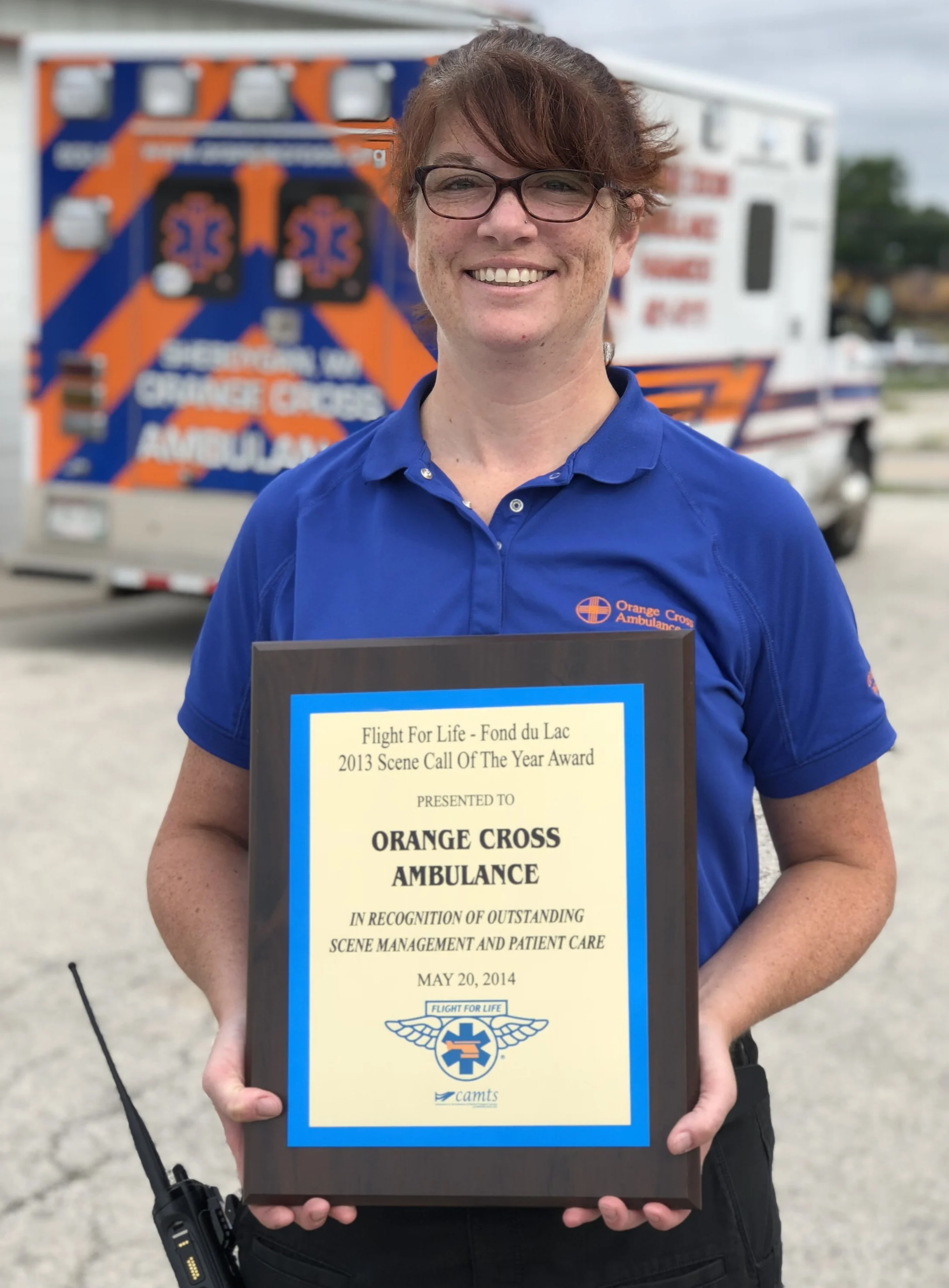 OCA CCP Rebecca Versey with the 2013 Flight for Life Scene Call of the Year Award for her demonstration of execptional care and team coordination when treating a critical pediatric trauma patient.