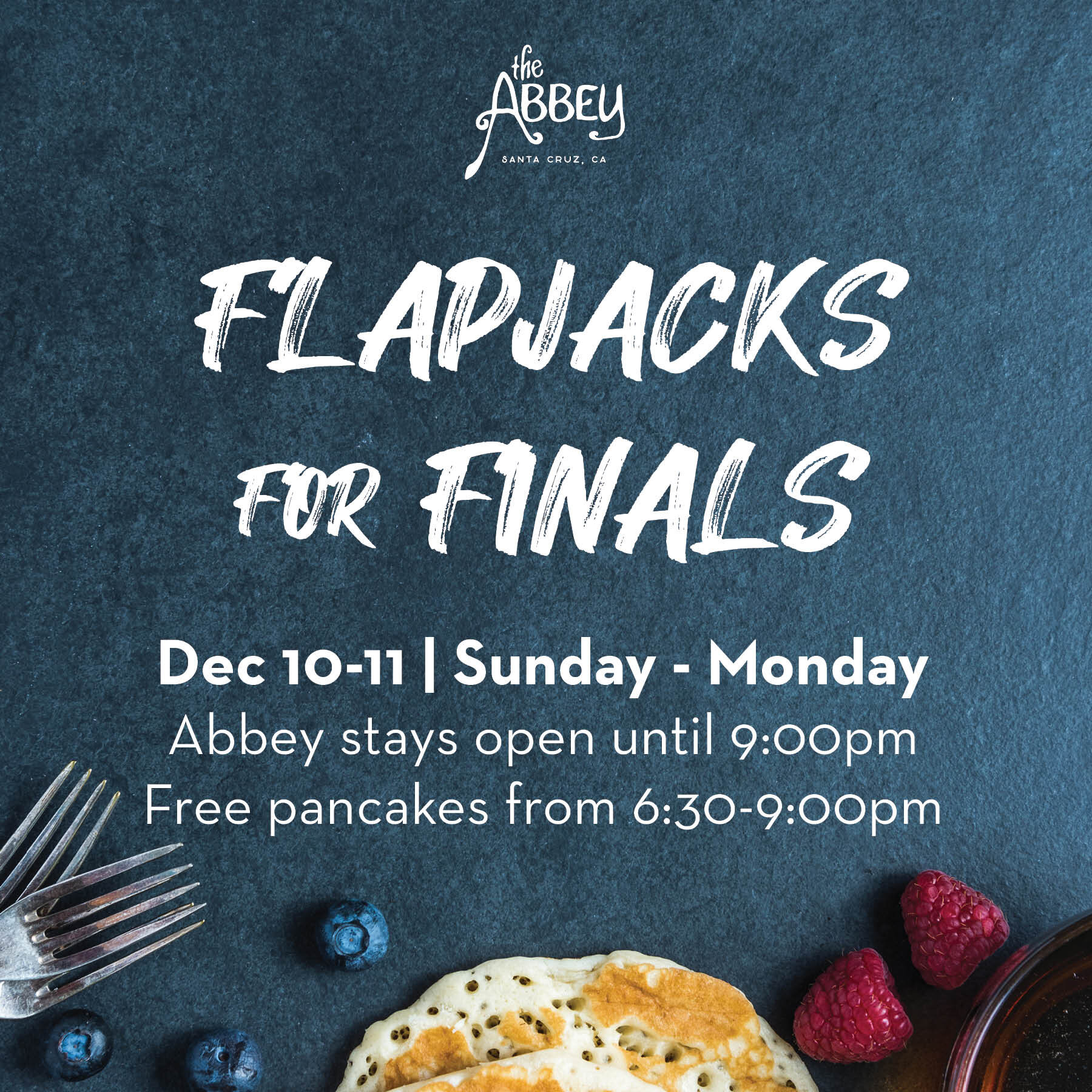 It's already that time of year!!!!!! Come study late with free flapjacks and coffee from 6:30-9PM this Sunday and Monday. 
Espresso bar open until 6PM.
#ucsc #theabbeysc #flapjacksforfinals