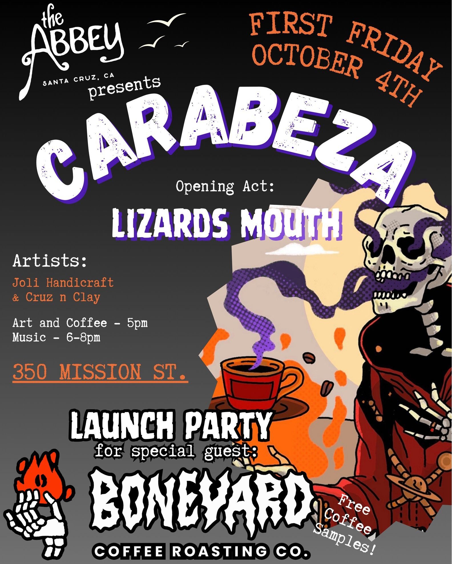 First Friday concerts are back this month and we are hosting the amazing Carabeza!  Also we will be having a launch party at 5PM for one of our own baristas @boneyard_sc - Boneyard Coffee Roasting Co. Free samples onsite, art for sale, and more tomor