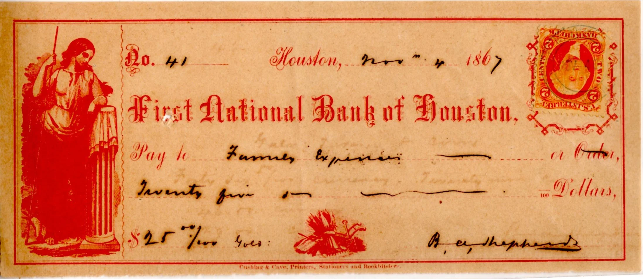 counter Draft, First National Bank of Houston, 1867