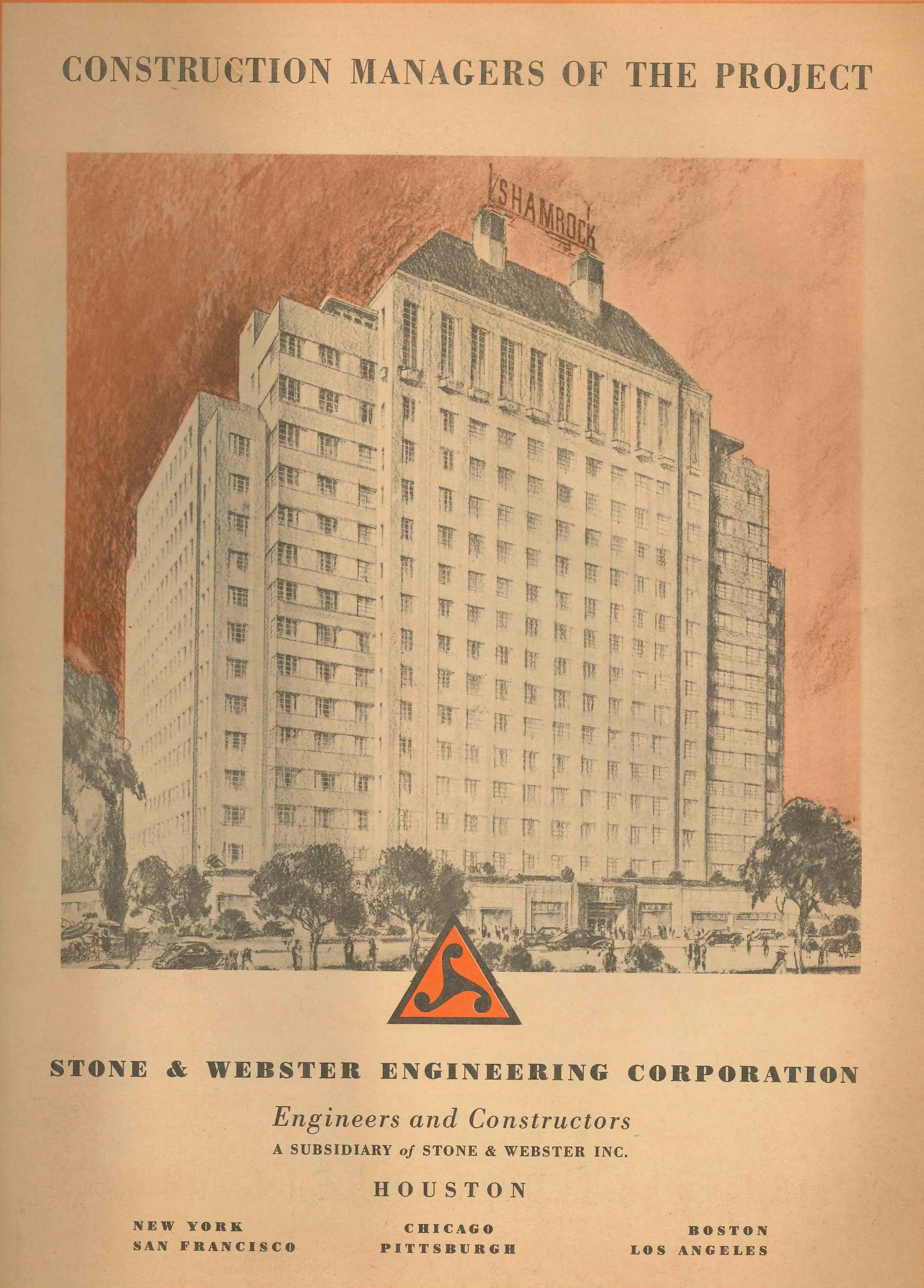 Drawing of the exterior of The Shamrock Hotel from The Citizen Newspapers special Shamrock superlative edition. The Heritage Society Permanent Collection.