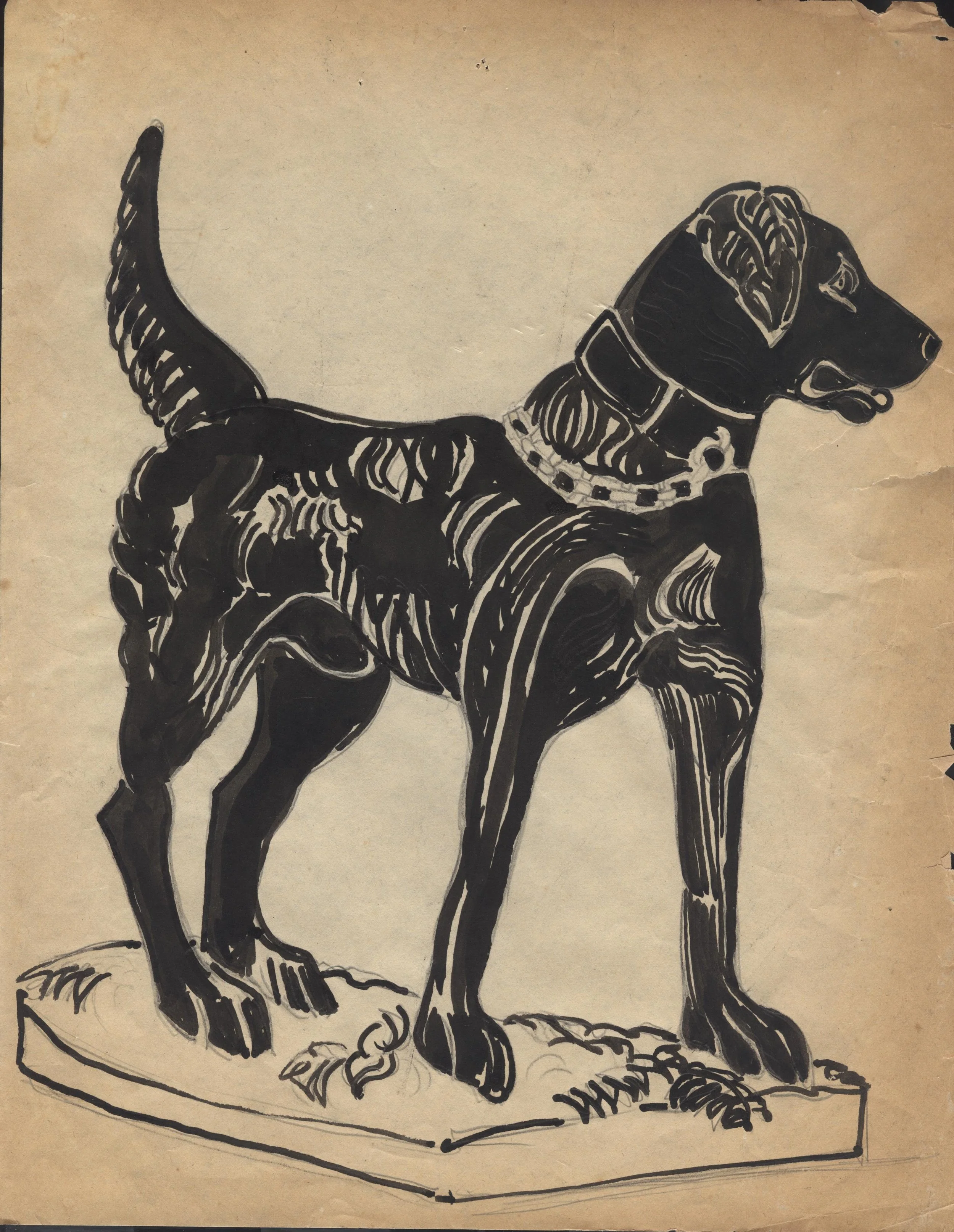 Original sketch of one of the Pillot dogs by Grace Spaulding John. Circa 1940. Permanent Collection of The Heritage Society.