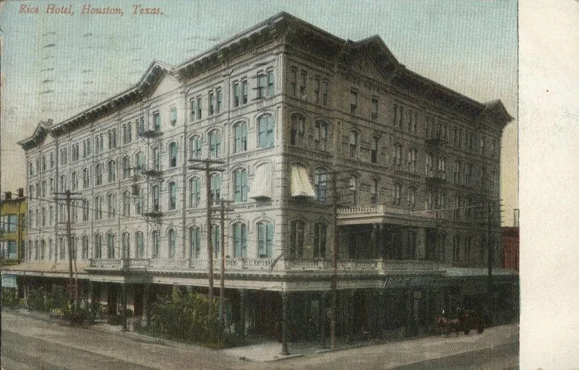 The Rice Hotel was first located in an older building on the same site, built circa 1881. Postcard: The Heritage Society Permanent Collection
