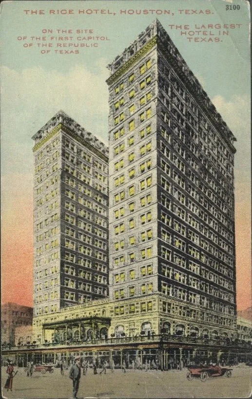 The current Rice Hotel building was constructed in 1912-1913 with only two wings. Postcard: The Heritage Society Permanent Collection