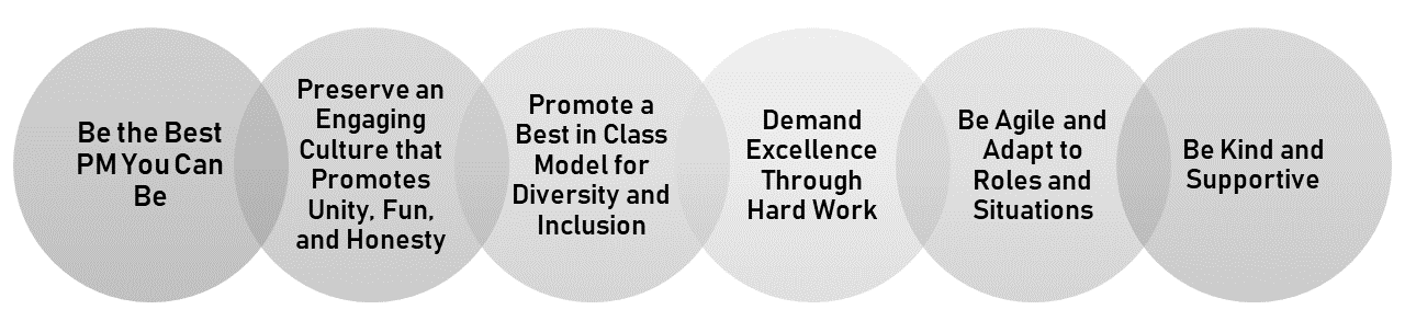 An infographic displaying the 6 LEAD Core Values: be the best PM you can be; preserve an engaging culture that promotes unity, fun, and honesty; promote a best in class model for diversity and inclusion; demand excellence through hard work; be agile and adapt to roles and situations; be kind and supportive.